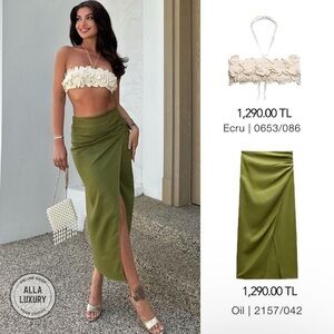 ZARA WOMEN RUCHED LINEN BLEND MIDI SKIRT OLIVE GREEN